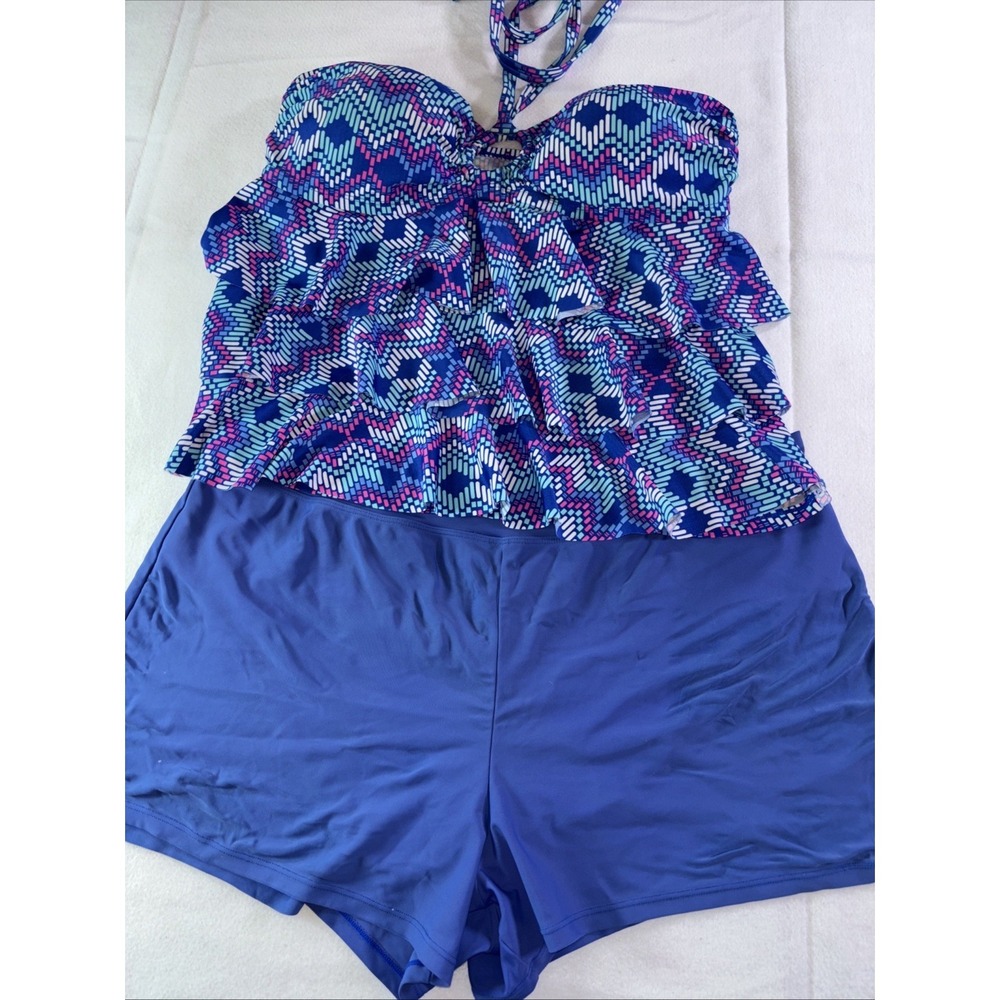Catalina 2 Piece‎ Swim Suit XL 16W Blue Boy Shorts Ruffle Front Geometric Padded